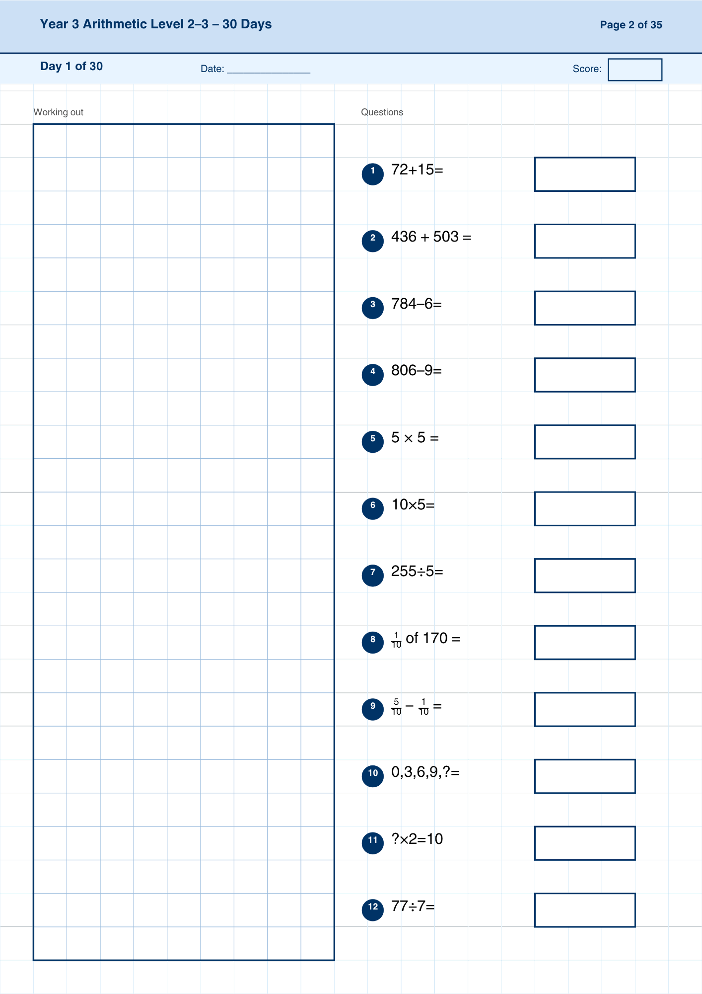 Year 3 Arithmetic 30-Day Practice Booklets