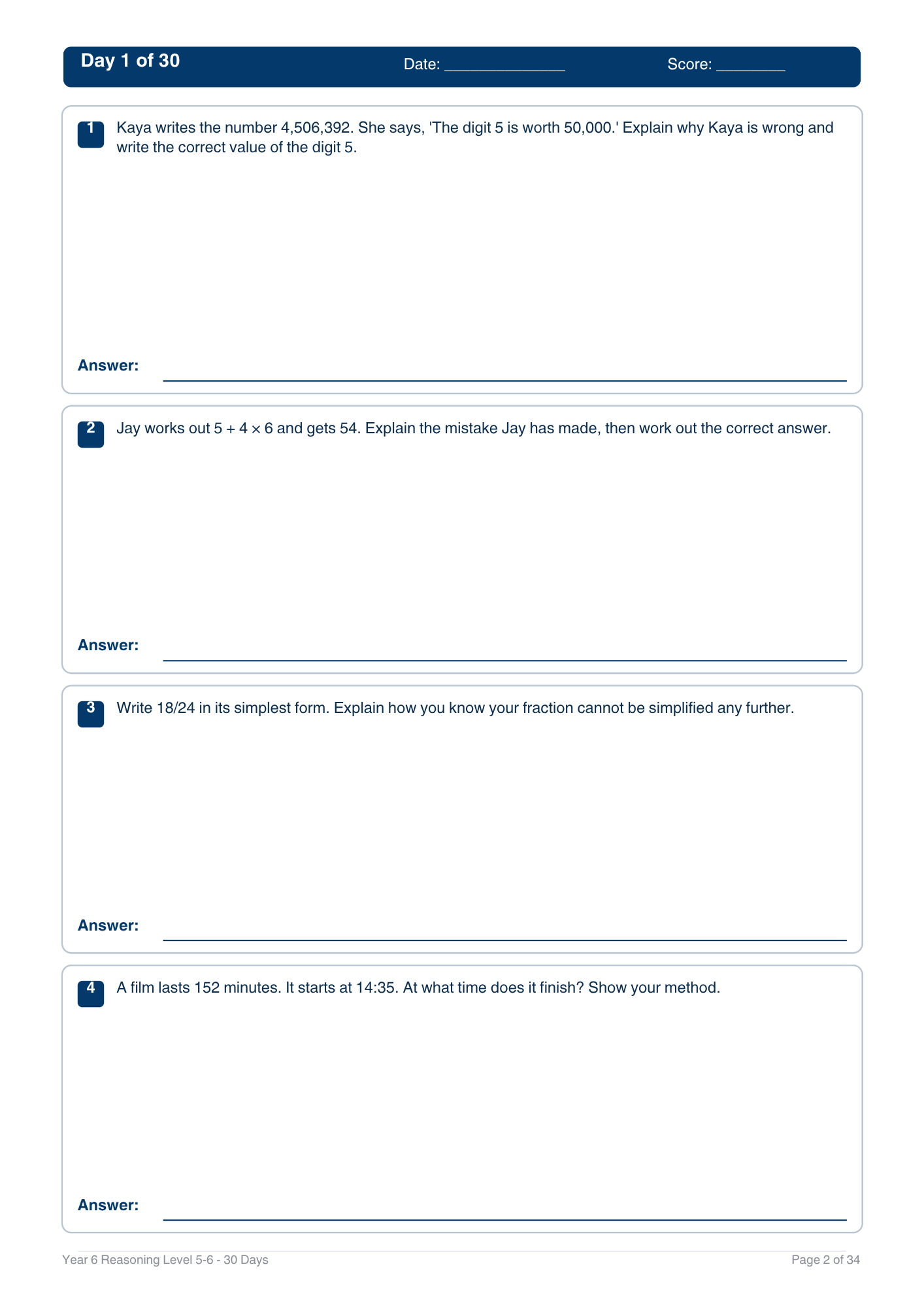 Year 6 Reasoning 30-Day Practice Booklets