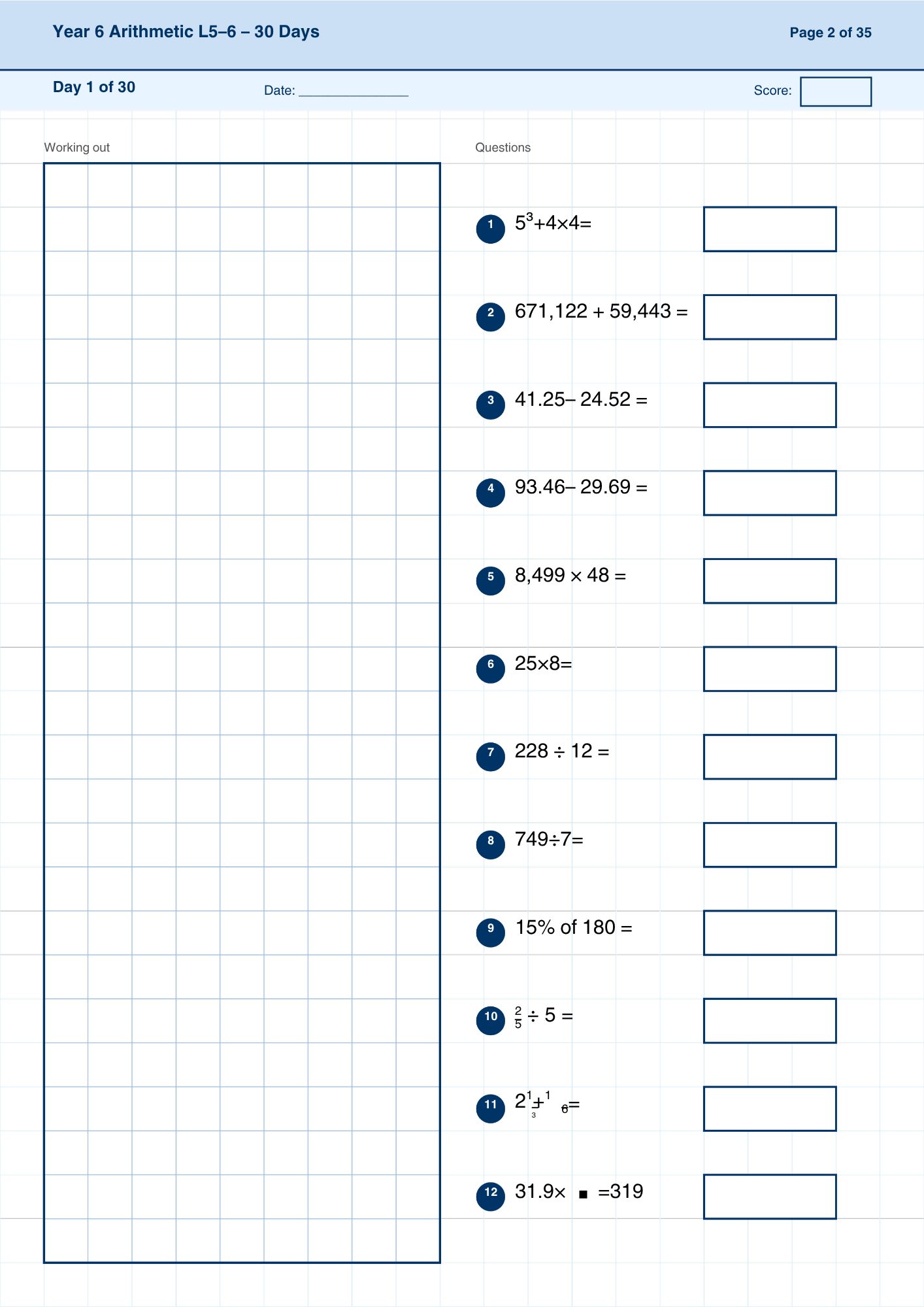 Year 6 Arithmetic 30-Day Practice Booklets