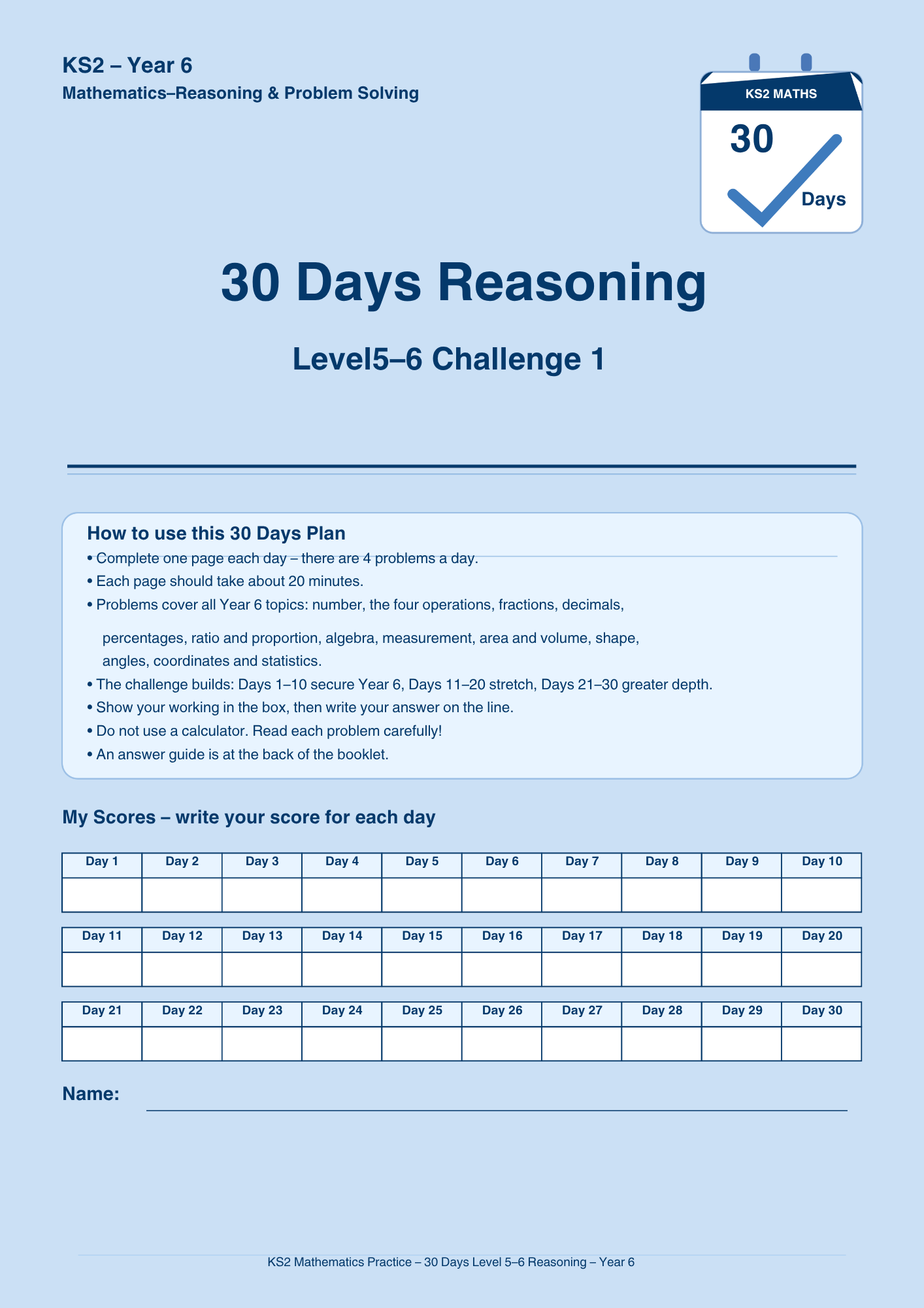 Year 6 Reasoning 30-Day Practice Booklets