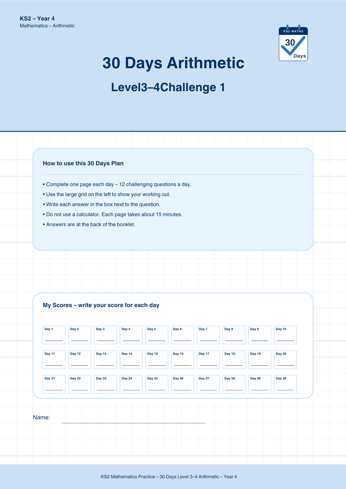 Year 4 Arithmetic 30-Day Practice Booklets
