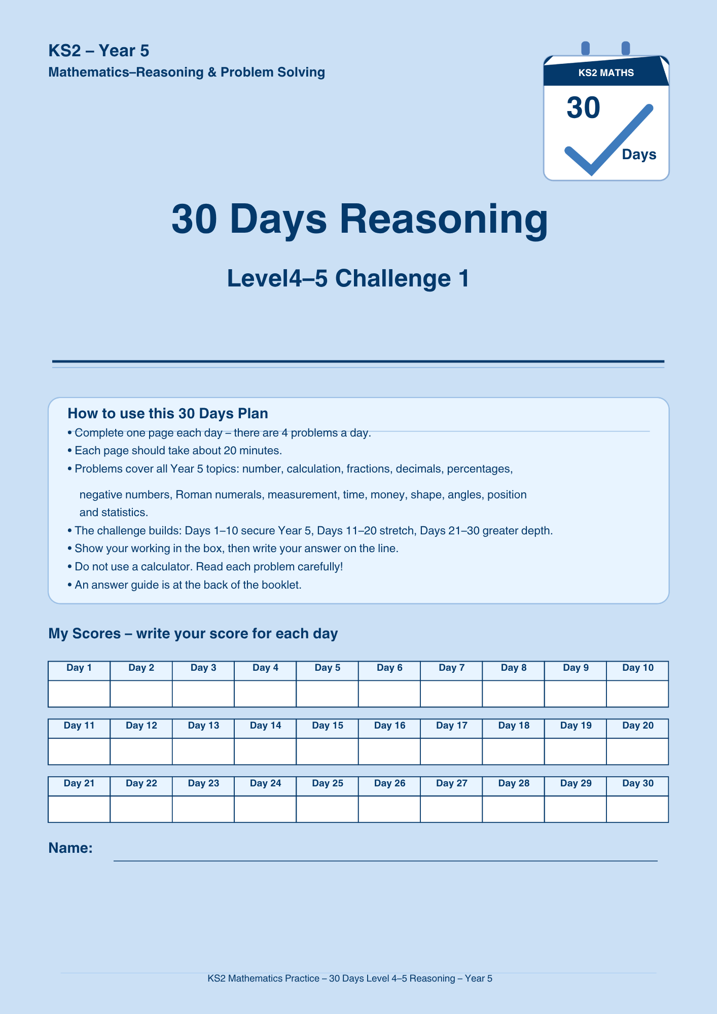 Year 5 Reasoning 30-Day Practice Booklets
